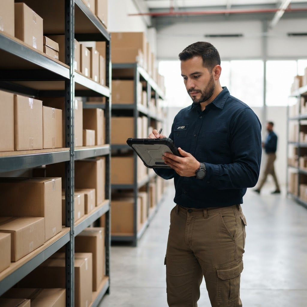 Profesional gestionando importaciones en depósito